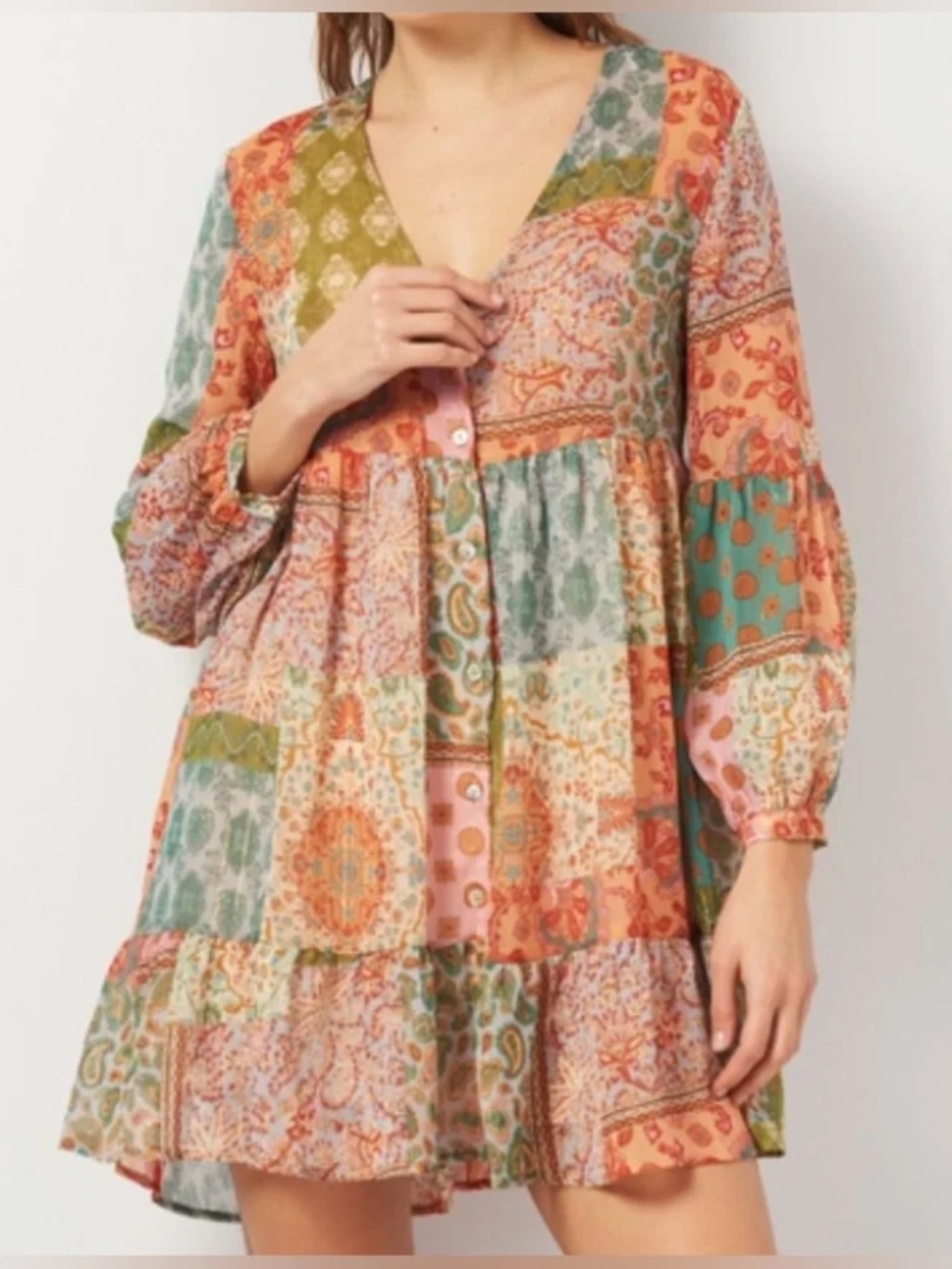 Zara Size S Boho Patchwork Print V-Neck Long Sleeve Tiered Mini Dress